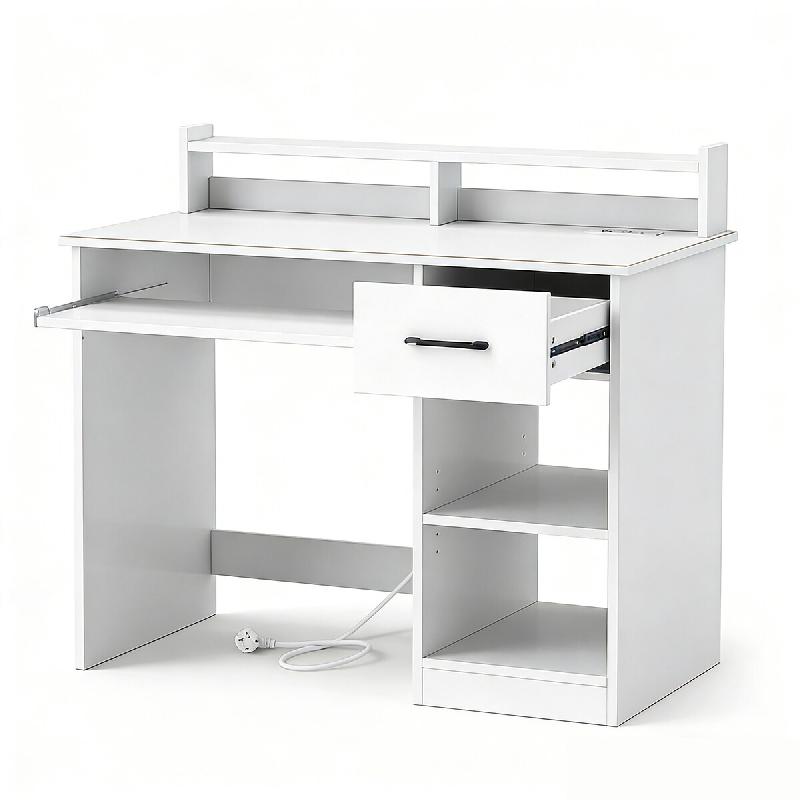 COSTWAY Bureau avec Station de Chargement, Petit Bureau d'Ordinateur avec Plateau de Clavier, Tiroir et Étagère Réglable, Table de Bureau Moderne -_0