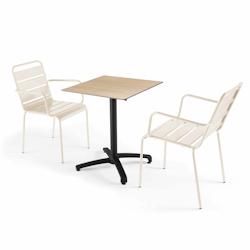 Oviala Business Ensemble table de jardin stratifié en chene et 2 fauteuils ivoire - Oviala - beige métal 110143_0