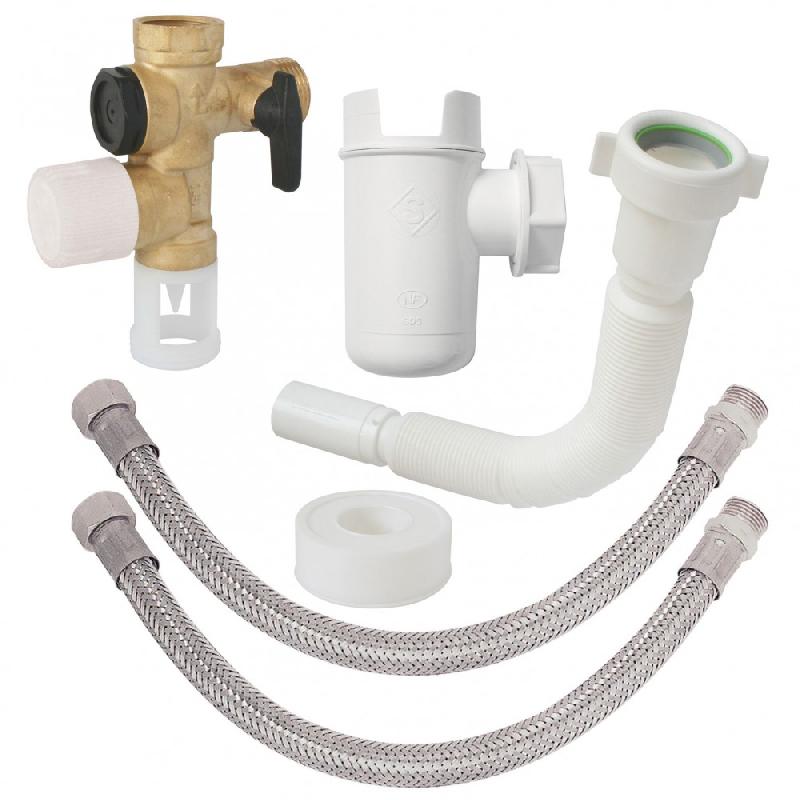 Kit groupe de sécurité en laiton pour chauffe-eau - avec entonnoir siphon NF et flexibles inox_0