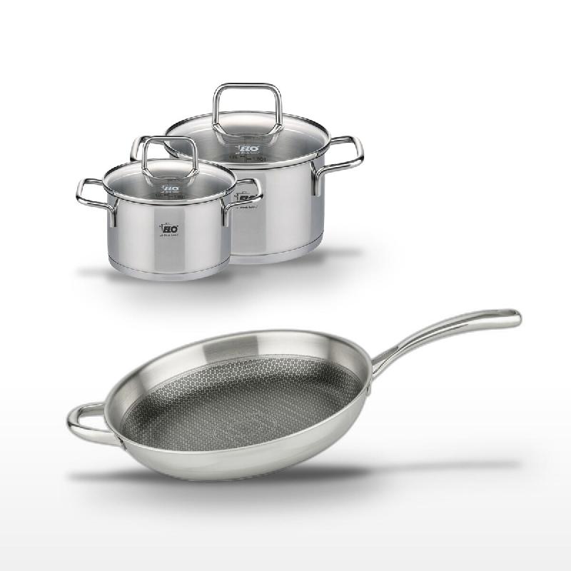 Lot Poêle 32cm & 2 Faitouts 16/20cm Elo Relief Evolution - gris inox 3176239954753_0