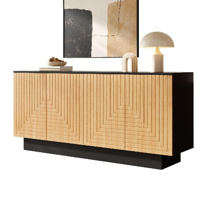 Merax Buffet 160 x 40 x 75 cm avec 4 portes, façade structurée, étagères fixes et piètement noir, aspect bois naturel - Bois manufacturé GL006523N_0