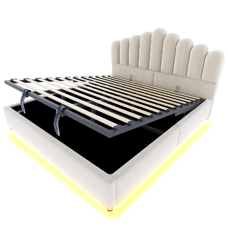Merax Lit rembourré LED 180x200 cm, lit double en velours beige avec coffre hydraulique, sommier et tête volumineuse - beige multi-matériau LDU0062_0