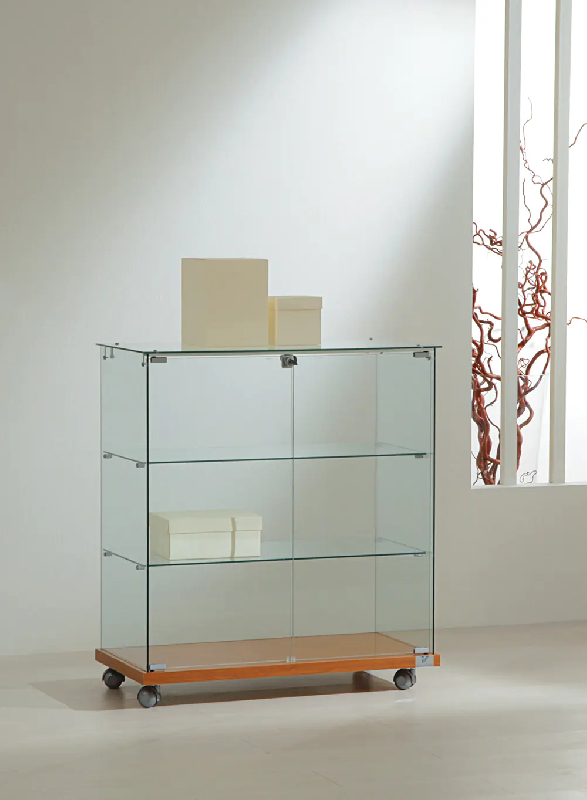 Petite vitrine basse en verre trempé 8/90VA - cerisier - 2 tablettes amovibles et serrure_0