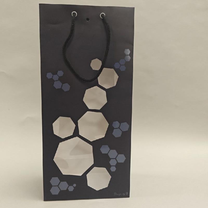 Sac 2 bouteilles noir fenêtres alvéoles poignées cordelières 18x9x39 cm - par 12_0