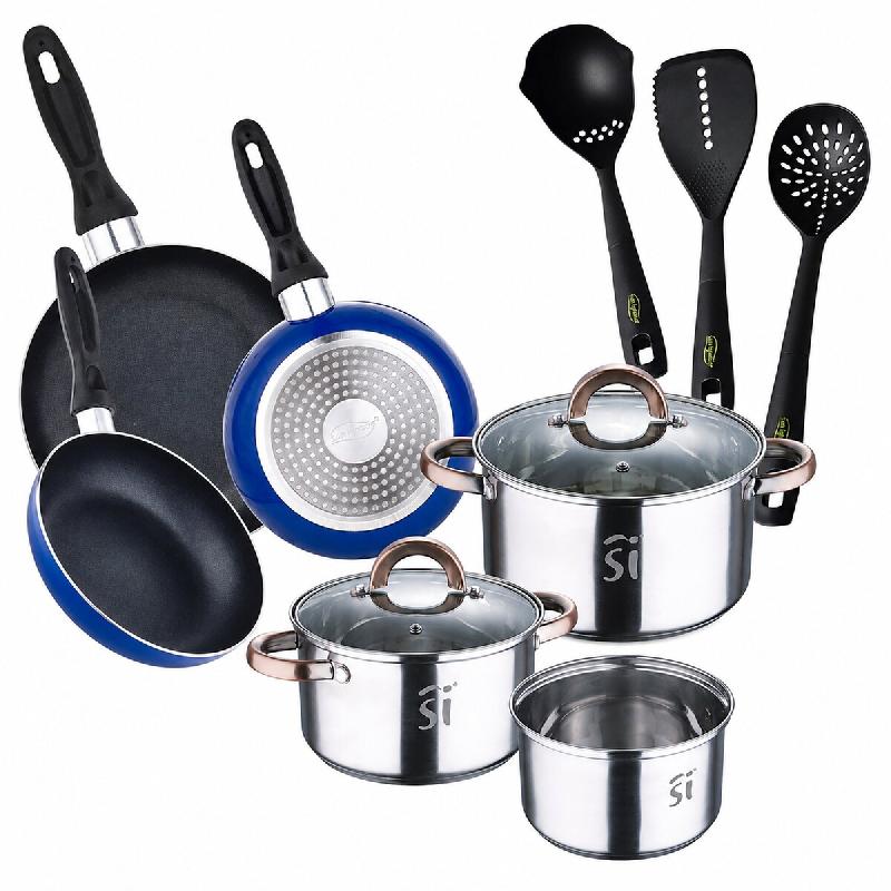 San Ignacio - Batterie de Cuisine Onil 5 pièces en Acier Inoxydable avec 3 Poêles Navy Blue Paradise Ø16/20/24 cm et Set de 3 Ustensiles de Cuisine_0