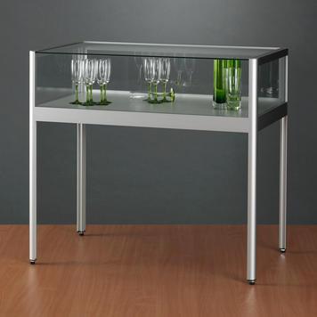 Vitrine table en verre ESG - profilé aluminium anodisé argent - socle bois gris - 2 portes coulissantes avec serrure_0
