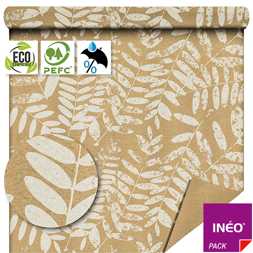 Rouleau papier kraft brun 80g imprimé accacias 80cm x 50m - résistant à l'humidité - rouleau kraft personnalisable_0