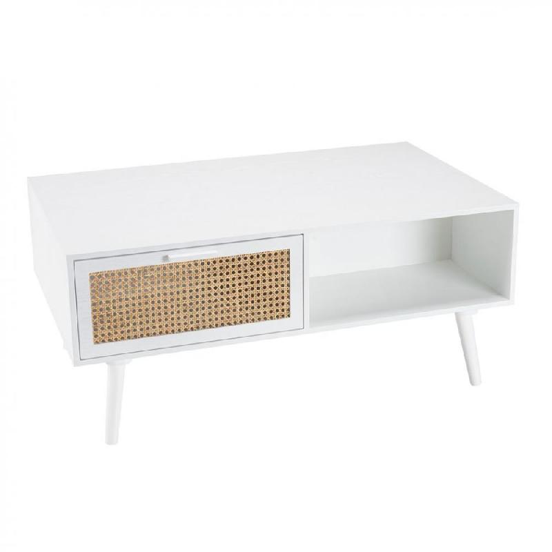 Table basse ANDROS blanche - cannage naturel, 2 tiroirs et 1 niche_0