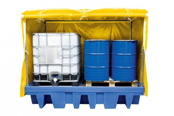 Bac de rétention - 2 IBC ou 8 fûts avec bâche jaune - RMVBB2CBDI - 1140L, polyéthylène et armature acier_0