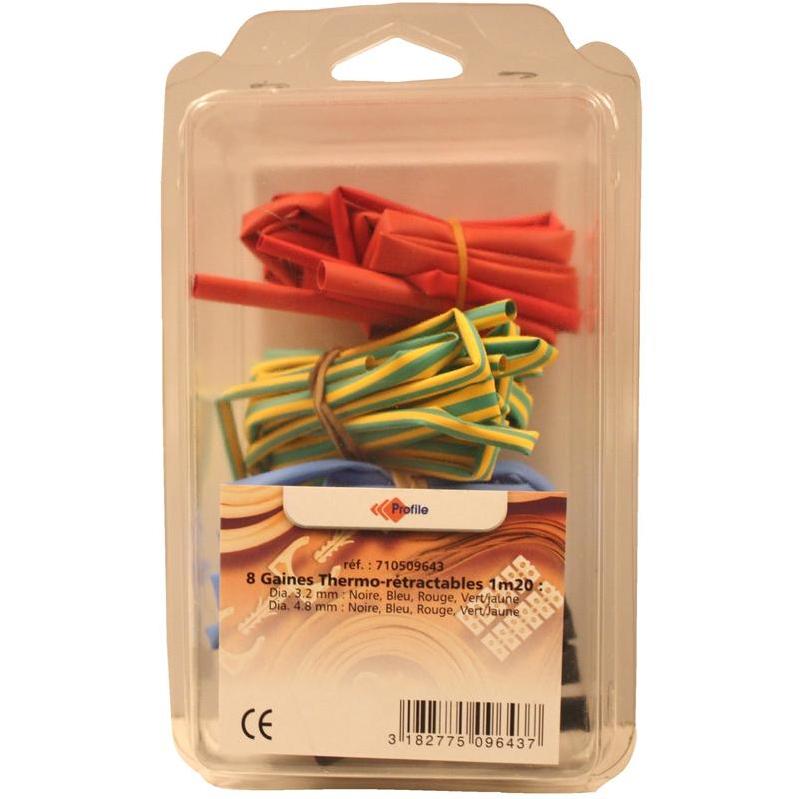 Assortiment de 8 gaines thermo-rétractables - Profile - 1,20 m - Diamètres 3,2 mm et 4,8 mm - Noir, Bleu, Rouge, Vert/Jaune_0