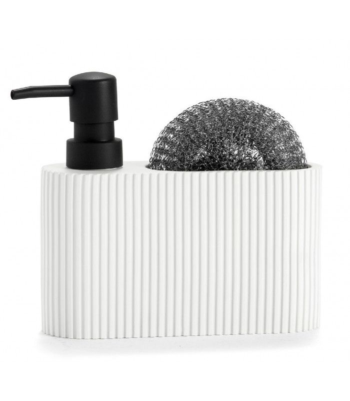 Distributeur de savon - Wadiga - porte éponge intégré - polyrésine blanc et noir - 16.5 x 5.5 x 15 cm_0
