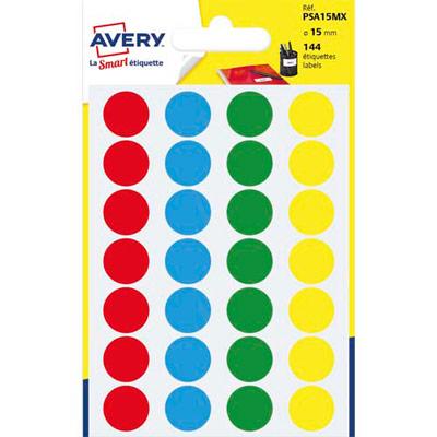 PASTILLES ADHESIVES AVERY - DIAMETRE 15 MM - POUR ECRITURE MANUELLE - COLORIS ASSORTIS - SACHET DE 144