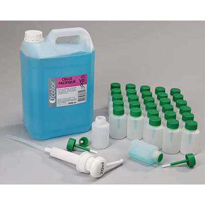 BIDON DE 5L DE COLLE SYNTHETIQUE FORTE, 1 POMPE 20ML , 30 FLACONS-PINCEAUX ANTI VERSE 80 ML VIDES