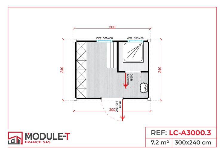 Bungalow vestiaire avec douche NEUF LC.A3003 - 3x2,40m (7,20m²) - isolé en polyuréthane 50mm_1