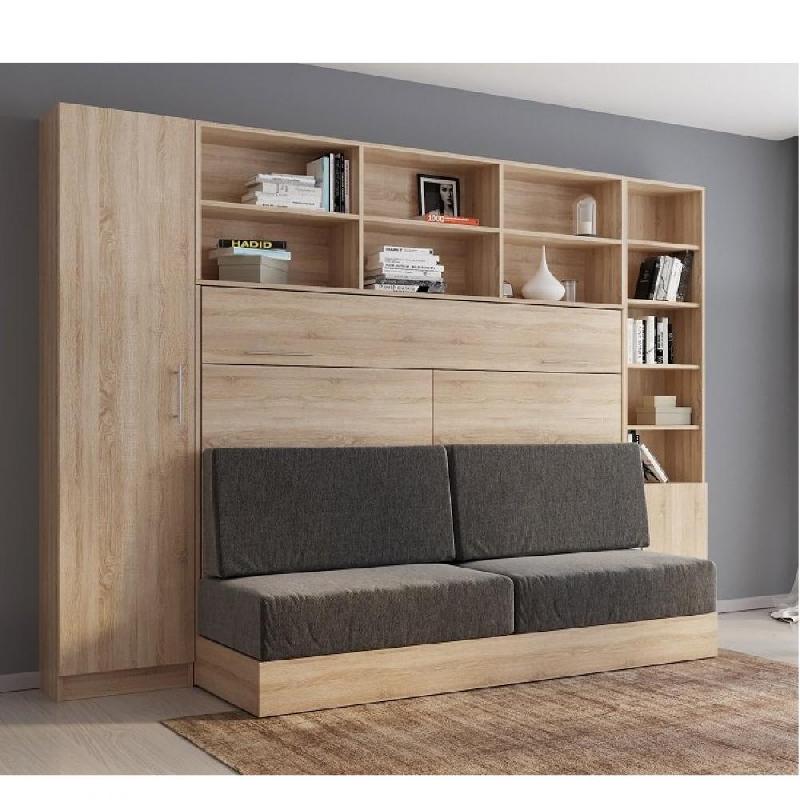 Composition lit escamotable VERTIGO SOFA - Chêne naturel, canapé gris, couchage 140x200 cm - Largeur 311 cm_0