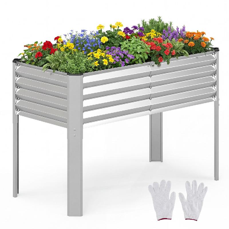 COSTWAY Bac surélevé métal 50kg, contenant avec drainage pour légumes fruits fleurs herbes, 118x60x77,5cm Argent - argenté métal SF6883EX_0