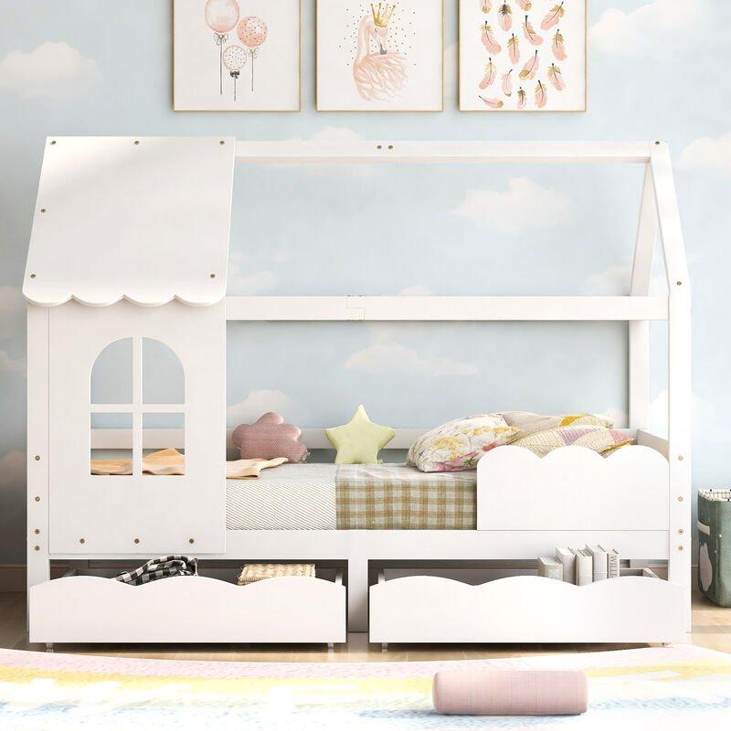 LIT CABANE LIT ENFANT LIT JEUNESSE 200X90CM AVEC PROTECTION ANTICHUTE, LIT ENFANT POLYVALENT EN BOIS POUR GARONS ET FILLES, TIROIRS BLANCS, LIT