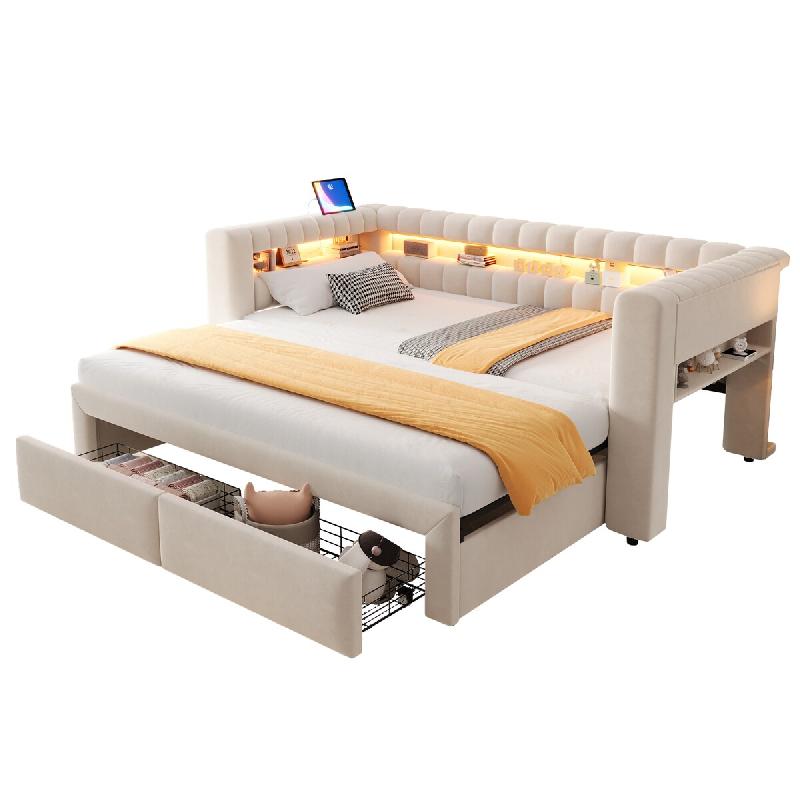 Merax canapé-lit rembourré LED 90/180x190 cm, USB-C, 2 tiroirs, banquette à côté haut droit, rangements, velours beige - beige multi-matériau LD_0