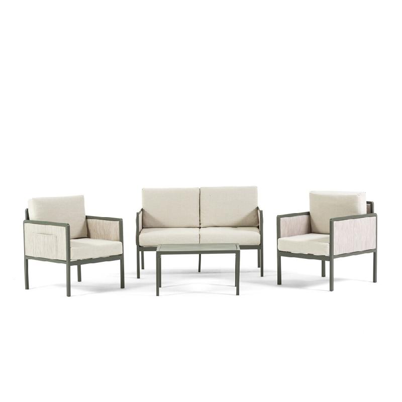 RATTATAN Salon de jardin détente avec canapé 2 places, 2 fauteuils et table basse en aluminium avec coussins déhoussables élégant pour terrasse -_0