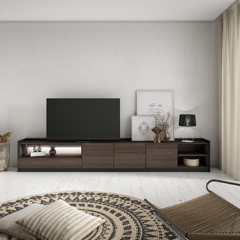 SKRAUT HOME - MEUBLE TV EFFET BOIS DE CHÊNE FONCÉ ET NOIR 310X37X50CM AVEC LED