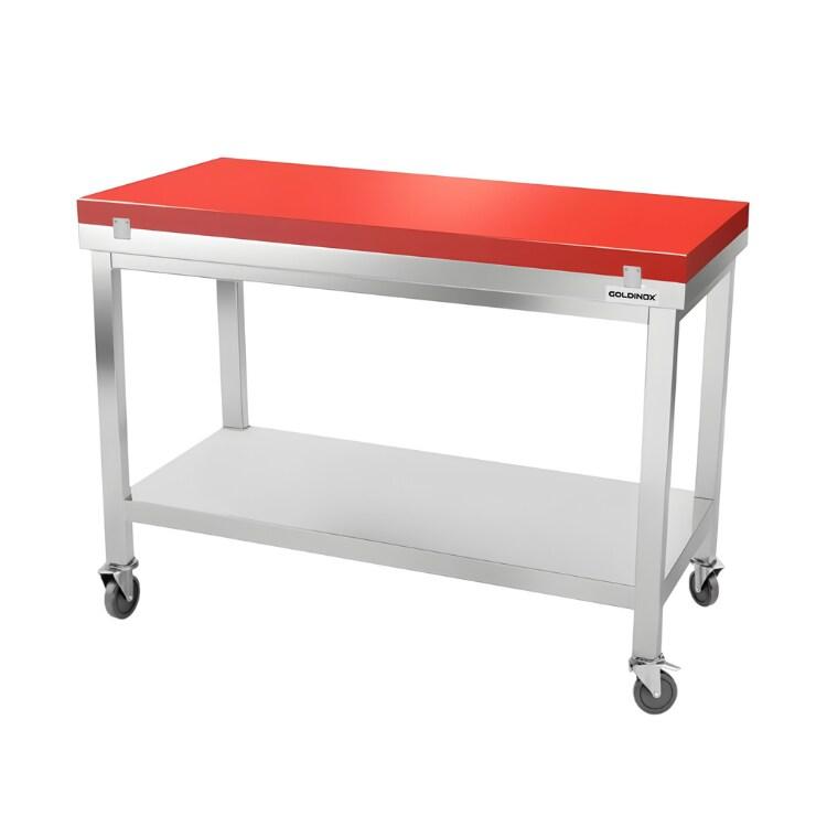 Table de travail en inox 1400x600 mm avec plaque de découpe rouge sur roulettes PREMIUM - GOLDINOX - gris inox 3701770841974_0