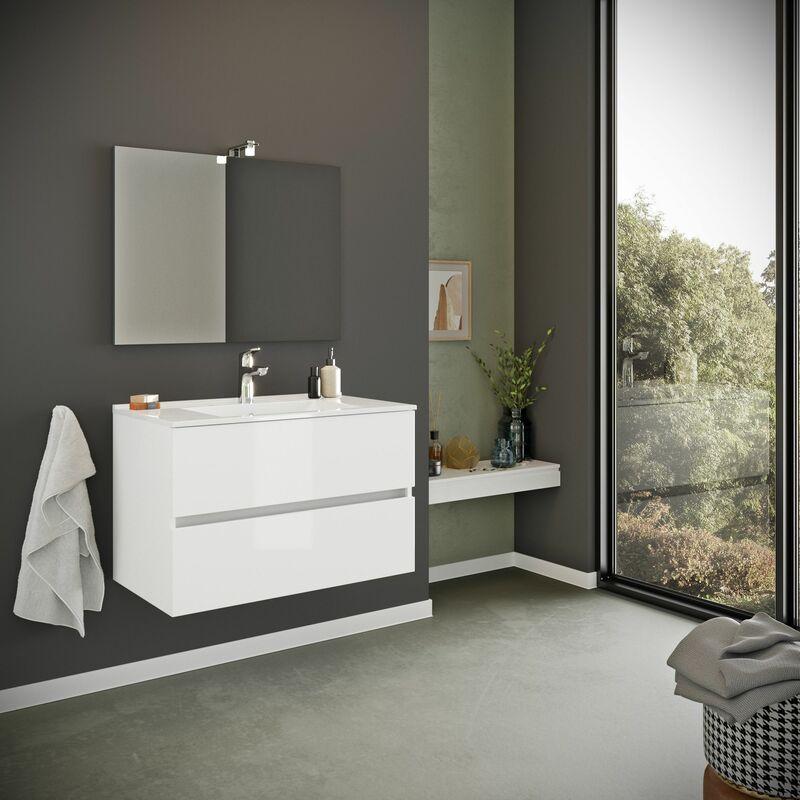Meuble De Salle De Bain Suspendu 80 Cm Blanc Avec Façade Cannée Chêne - 2 Tiroirs, Lavabo Céramique Inclus