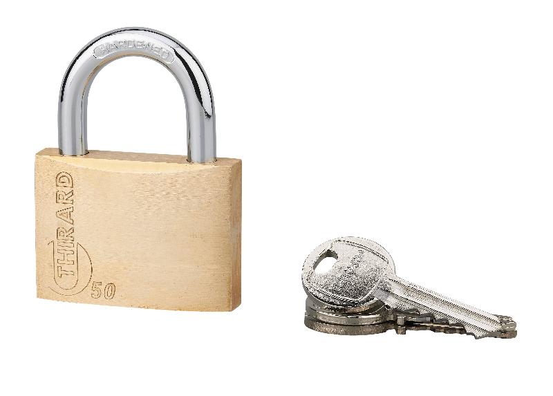 Cadenas à clé type 1+ 50 mm - corps laiton monobloc - anse acier cémenté nickelé - marque Thirard_0