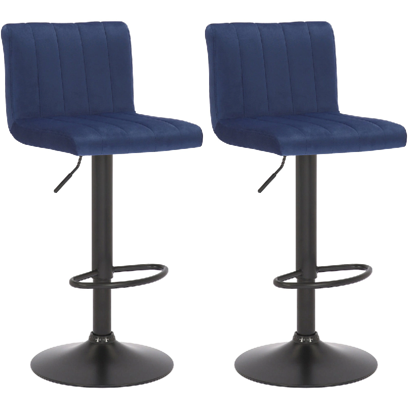 Décoshop26 - Lot de 2 tabourets de bar pivotant hauteur réglable assise surpiqué en velours bleu et métal noir 10_0004224 - bleu 3000251994742_0