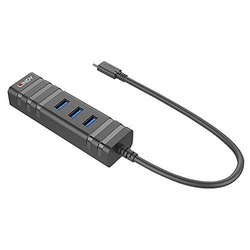 Lindy 43249 - Hub informatique USB 3.0 (3.1 Gen 1) Type-C, 5000 Mbit/s, Noir, 4 ports RJ-45 et USB 3.0_0