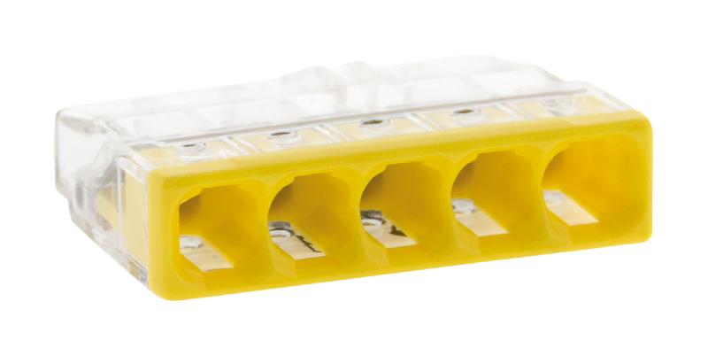 Lot de 50 bornes S2273 - Wago - Connexion rapide pour 5 conducteurs rigides 2.5mm² - Jaune - 450V / 24A_0