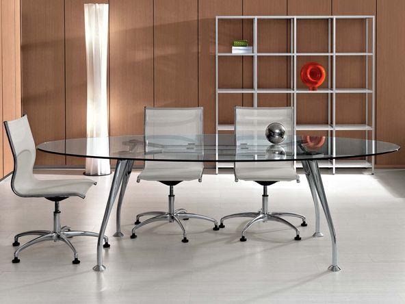 Table de réunion en verre design avec pieds chrome brillant_0