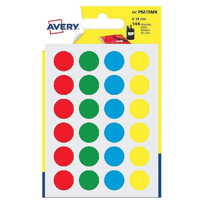 10 ÉTUIS DE 144 PASTILLES ADHÉSIVES COULEUR DIAMÈTRE 15 MM, 4 COLORIS ASSORTIS