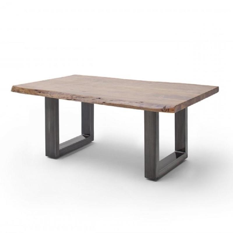 Table basse CLAREN - Plateau 110 cm en acacia massif teinte noyer - Piétement U acier finition vintage_0