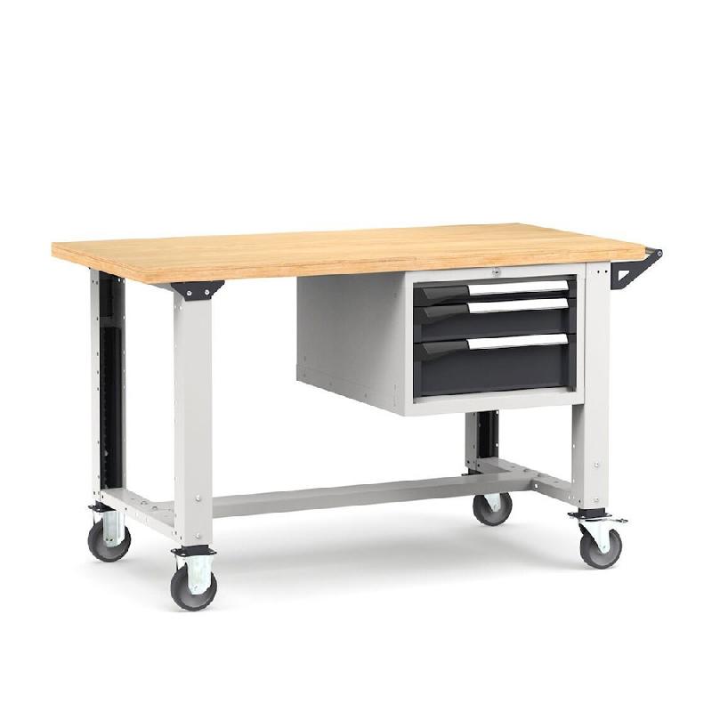 Établi roulant plateau bois L.1500 mm et pieds réglables + bloc 3 tiroirs NOVALP_0