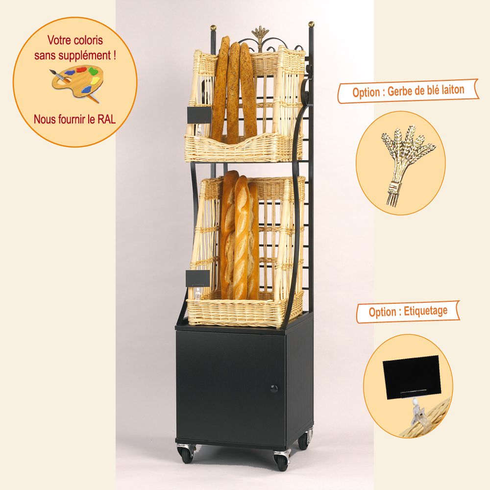 Étagère mobile modulable Boislette – 2 paniers baguettes – Osier blanc, métal époxy, mélaminé et laiton_0