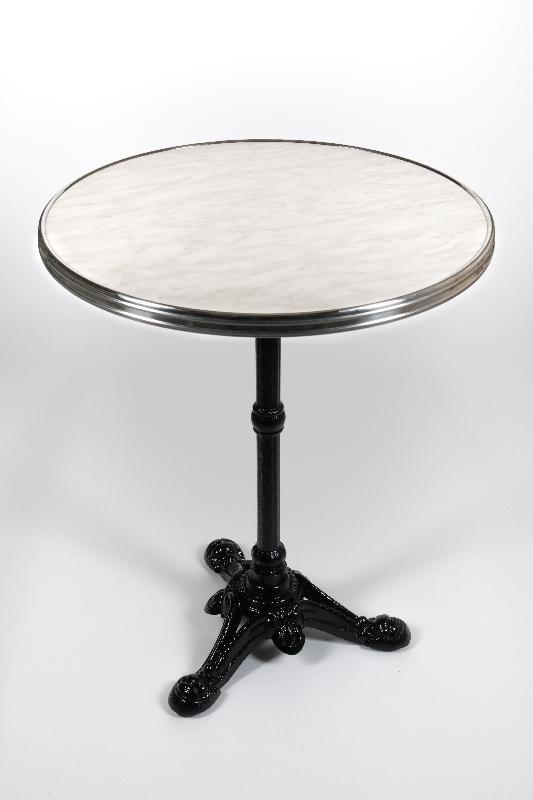 Table de terrasse ronde monceau - marbre blanc et cerclage inox_0