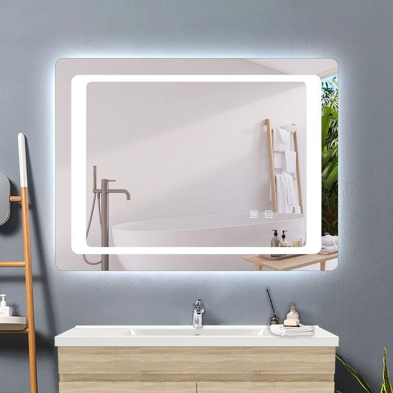 Meykoers Miroir mural lumineux avec Anti-buée 80x60cm Dimmable Éclairage  Miroir de salle de bain avec