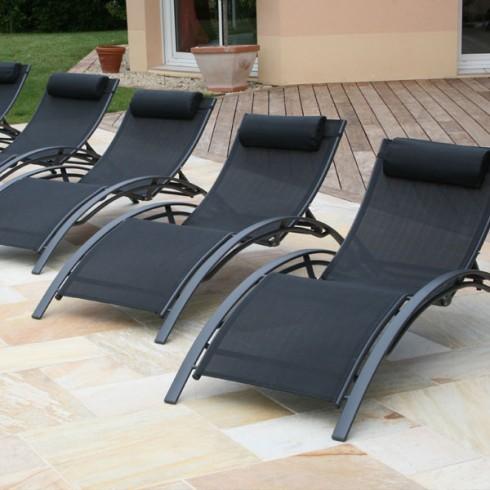 CHAISE LONGUE - BAIN DE SOLEIL ALUMINIUM NOIR MAT TEXTILÈNE NOIR MULTI POSITIONS