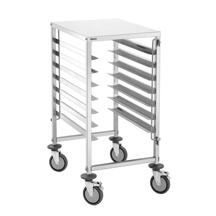 Chariot inox à glissières 7 x (L)600 x (P)400 x (H)65 mm, avec tablette supérieure, à assembler_0