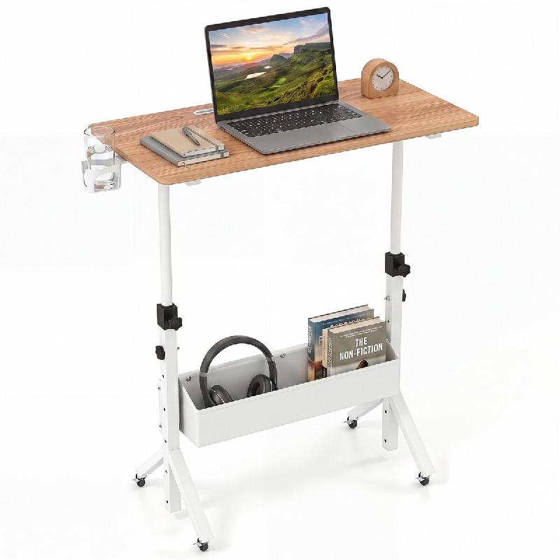 COSTWAY Pupitre Réglable 70-117cm, avec Roues et Panier, Rainure Tablette et Porte-Gobelet Rotatif, pour Portable - multicolore Bois manufacturé ON3_0