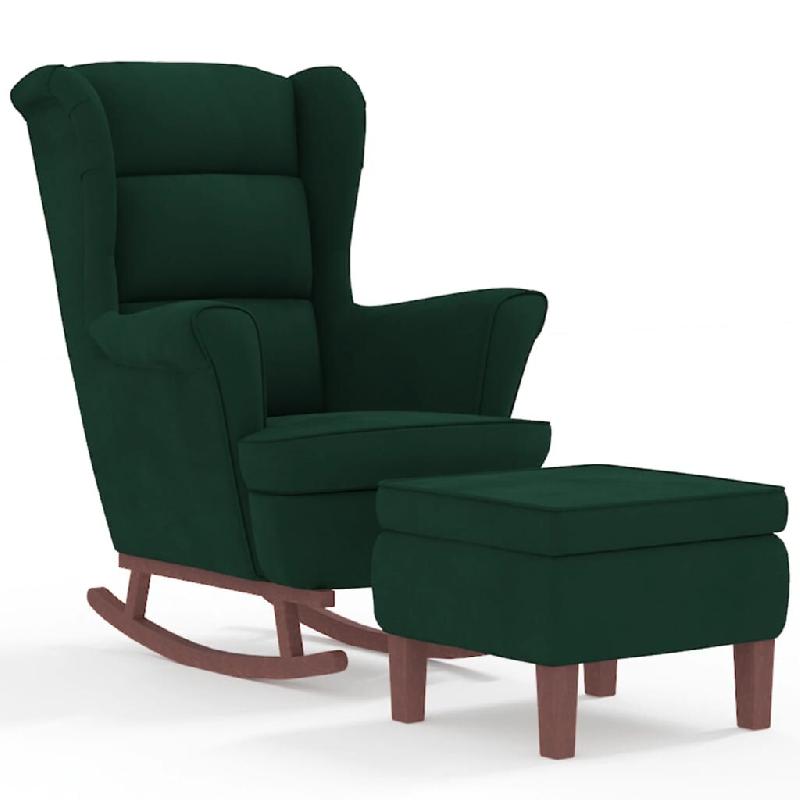 Décoshop26 - Fauteuil à bascule d'allaitement rembourré relax pour salon avec pieds en bois et repose-pieds tissu vert foncé DEC028770 - Bois mass_0