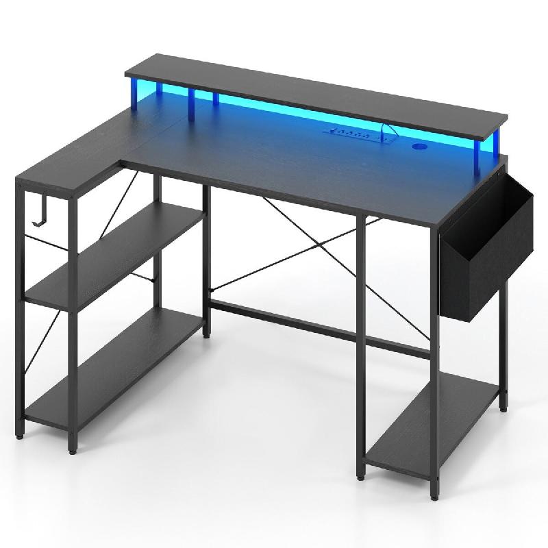 Helloshop26 - Bureau d'angle 120 x 80 x 87 cm avec éclairage led réglable et prises intégrées design scandinave en bois noir 20_0010890 - noir mé_0