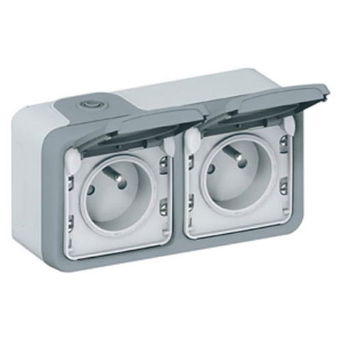 LEGRAND PLEXO DOUBLE PRISE DE COURANT 2P+T HORIZONTALE ÉTANCHE COMPLET GRIS IP55 - LEGRAND