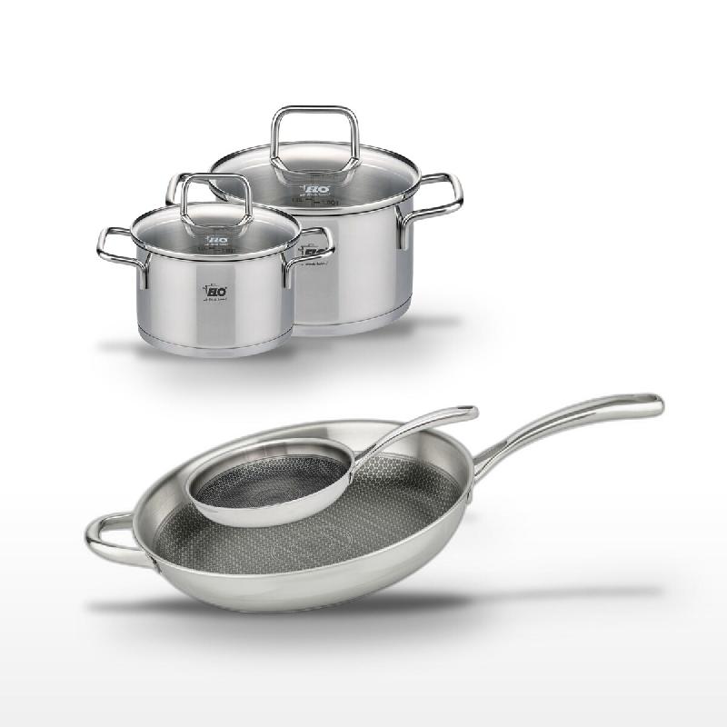 Lot Poêle 24cm & 32cm Elo Relief Evolution avec 2 Faitouts 16/20cm - gris inox 3176239955002_0