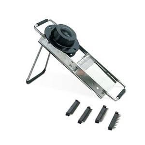 MANDOLINE INOX PROFESSIONNELLE AVEC 4 BLOCS EFFILEURS RÉVERSIBLES ET POUSSOIR DE SÉCURITÉ PLASTIQUE HAUTE QUALITÉ 40 X 13.5 X 5.5 CM - BRON COUCKE ...