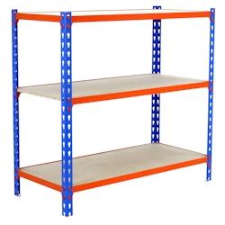 SimonRack Etagère métallique sans vis Maderclick 3 plateaux de 150 kgs par plateau couleur BLEU/ORANGE/BOIS 900x900x500 mm (haut x largeur x profond_0