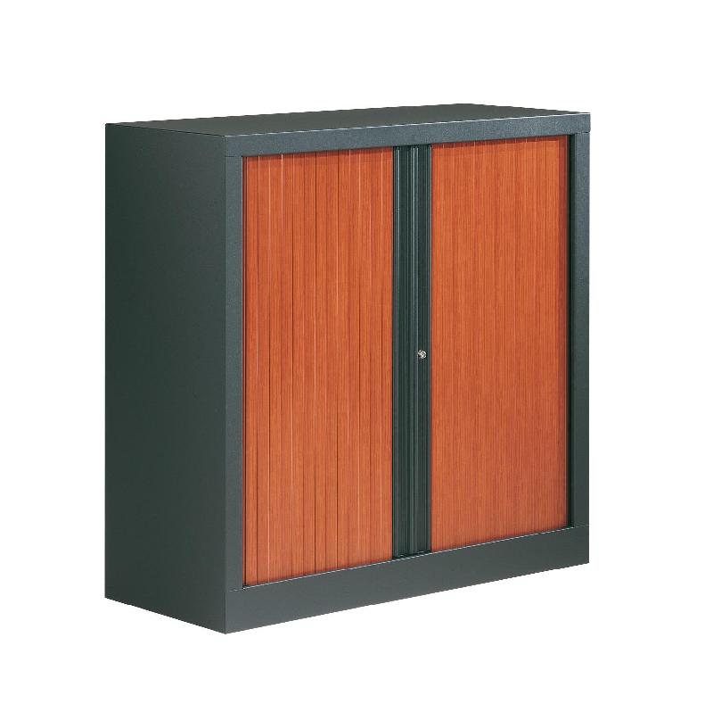 Armoire à rideau basse bicolore - Merisier et anthracite - H.1000 x L.1000 x P.430 mm_0