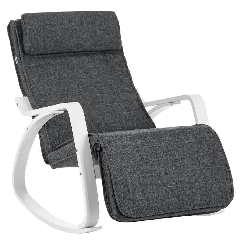 Fauteuil à bascule en bois de bouleau - chaise berçante avec repose-pieds réglable en 5 angles - imitation lin - capacité 150 kg - gris foncé - 12_0002780_0
