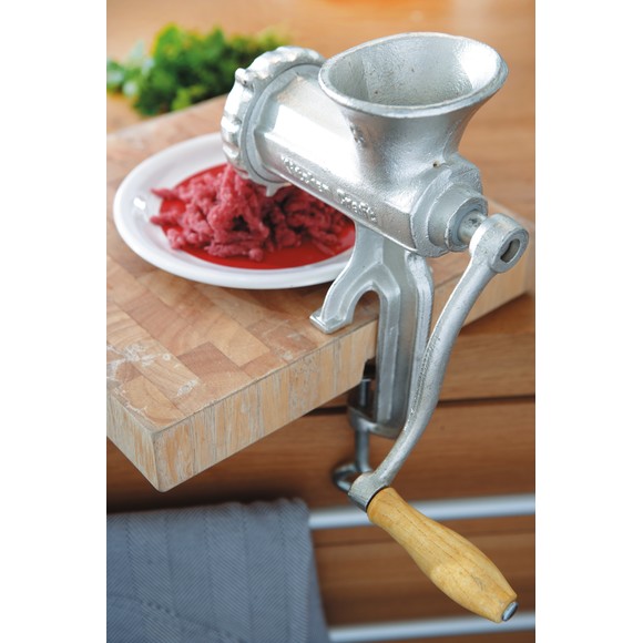 Hachoir à viande manuel en fonte - avec entonnoir à saucisses - largeur 34 cm - hauteur 13,1 cm_0