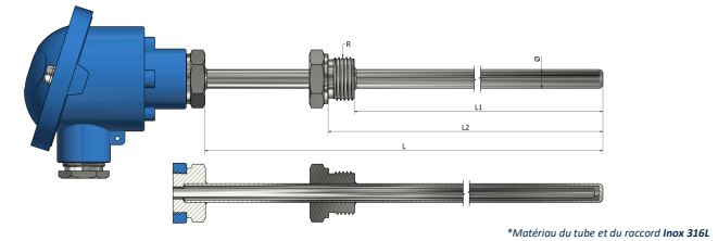 Thermocouple avec tête de raccordement et doigt de gant à visser (déporté) - Type TH42_0